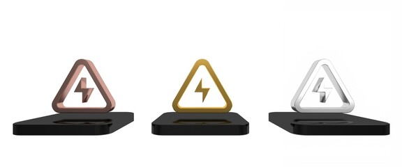 Colorful High voltage icon isolated on white background. Danger symbol. Arrow in triangle. Warning icon. Minimalism concept. 3D render illustration