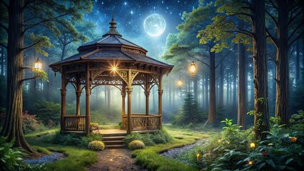 Obraz premium A Serene Moonlit Gazebo Nestled Amongst Tall Trees, Bathed in Soft Moonlight and Surrounded by Glimmering Lanterns, Creating an Enchanting Atmosphere