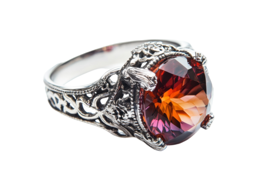 Elegant silver ring featuring a vibrant, multifaceted gemstone in a unique design - Powered by Adobe