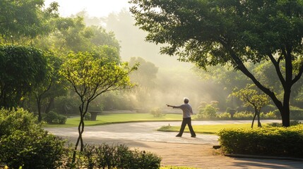 Fototapeta premium Man Practicing Tai Chi in a Park