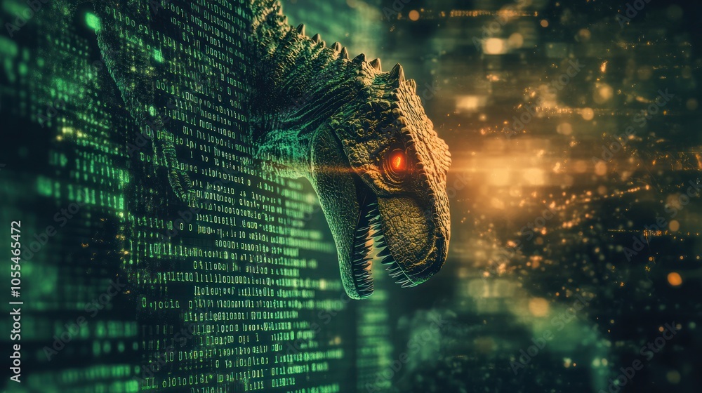 Poster displaying complex programming code, with softly blurred images of dinosaurs peeking from the edges
