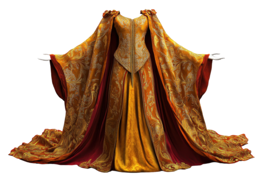 Elegant golden gown draped gracefully on a mannequin with intricate designs in a studio setting