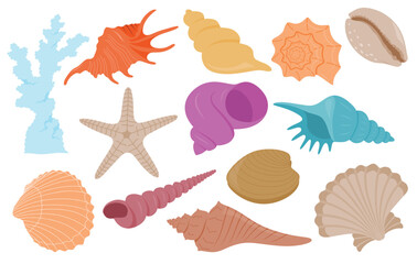  Hand drawn cute colorful Sea shell cartoon set with cartoon style