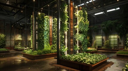 Fototapeta premium Modern Indoor Vertical Garden with Green Plants and Wooden Structures