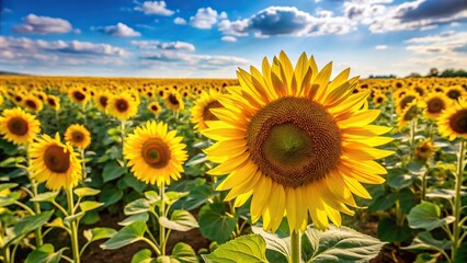 Obraz premium Large sunflower field with tall stalks and bright yellow blooms on a sunny day, landscape, rural, field, bloom
