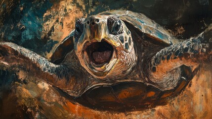 A turtle is shown with its mouth open, making a loud noise. The turtle is surrounded by a blurry background, which gives the impression of motion and energy. Concept of excitement and movement