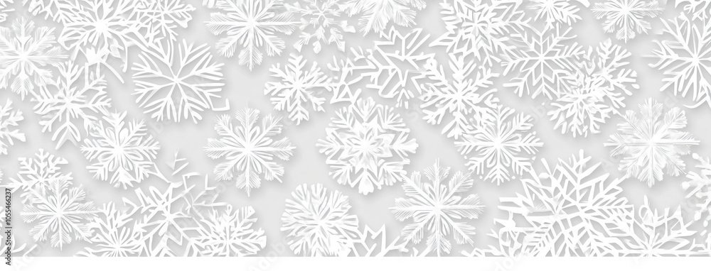 Poster A close-up view of white snowflakes on a light grey background. The snowflakes are arranged in a random pattern, creating a beautiful and festive design