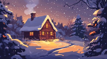 Naklejka premium A cartoon illustration of a wooden cabin in the forest.