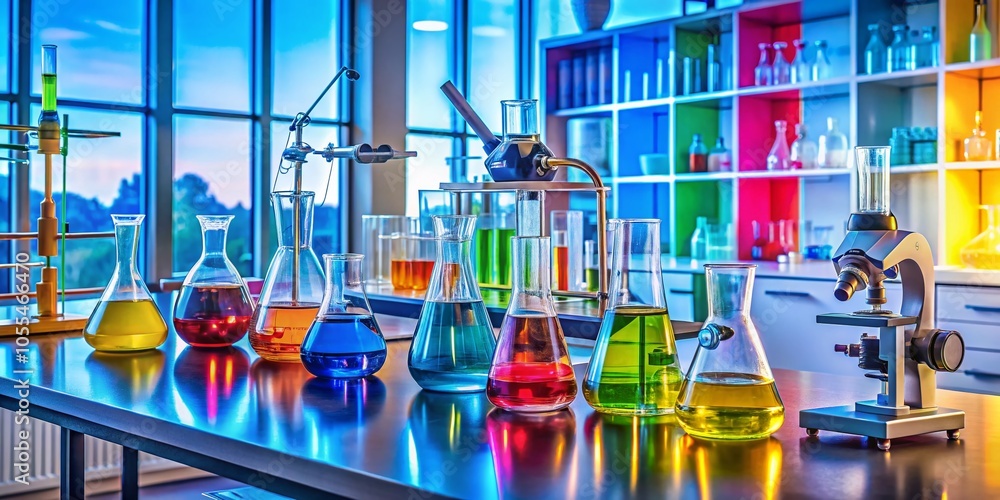 Poster high dynamic range biochemistry experiment in a laboratory setting with colorful solutions and equip