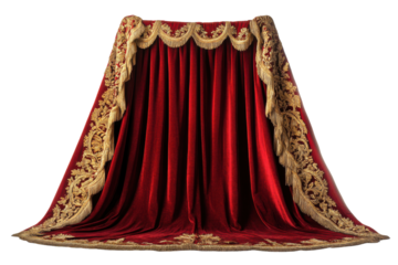 Luxurious red velvet drapery adorned with golden embroidery in an elegant display of texture