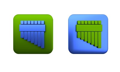 Colorful Pan flute icon isolated on white background. Traditional peruvian musical instrument. Zampona. Folk instrument from Peru, Bolivia and Mexico. Square button. 3D render illustration