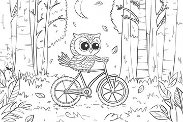 A whimsical cartoon owl, with big eyes and wings, rides a bicycle through a forest filled with trees and falling leaves, creating a playful scene.