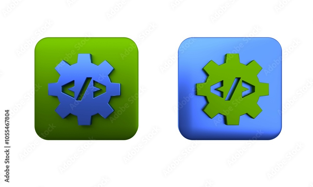 Poster colorful web design and front end development icon isolated on white background. square button. 3d r