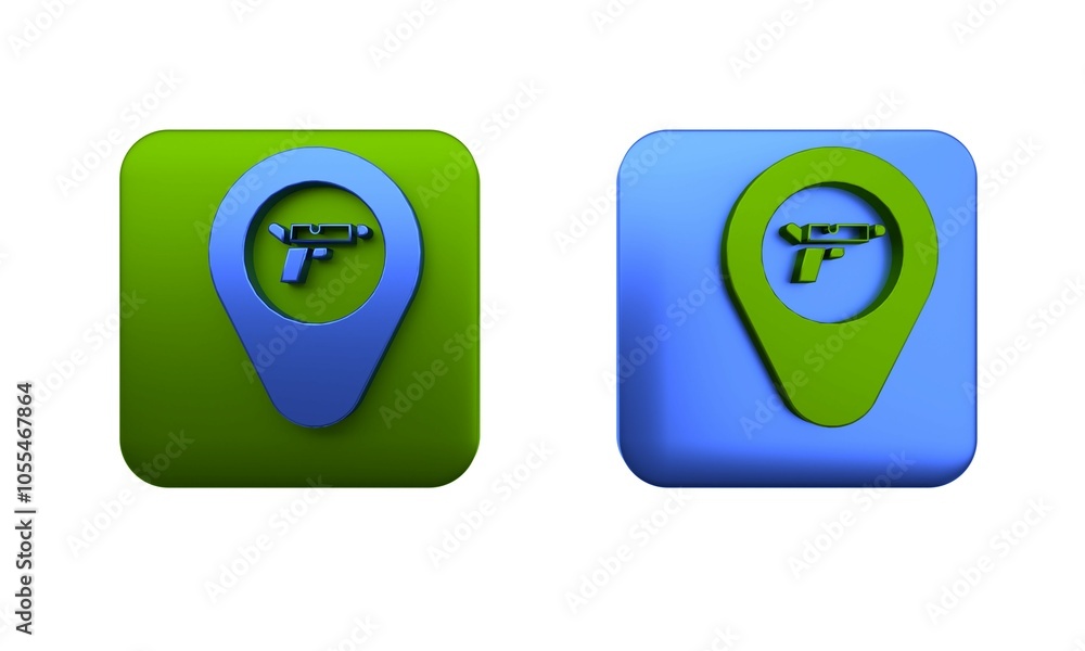 Poster colorful location with weapon icon isolated on white background. square button. 3d render illustrati