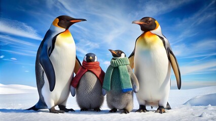 Fototapeta premium A family of penguins bundled up in warm scarves, enjoying a snowy winter day under a bright blue sky.