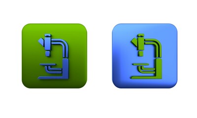 Colorful Microscope icon isolated on white background. Chemistry, pharmaceutical instrument, microbiology magnifying tool. Square button. 3D render illustration