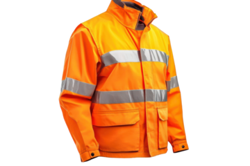 Bright orange safety jacket with reflective stripes designed for visibility in outdoor environments