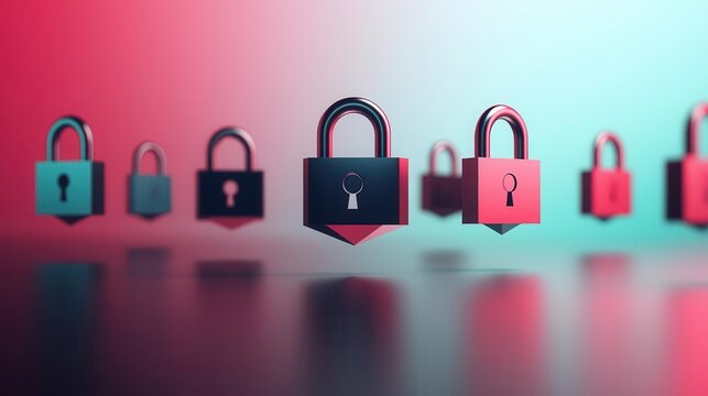 Floating abstract locks guarding a holographic database, visualizing advanced data encryption techniques