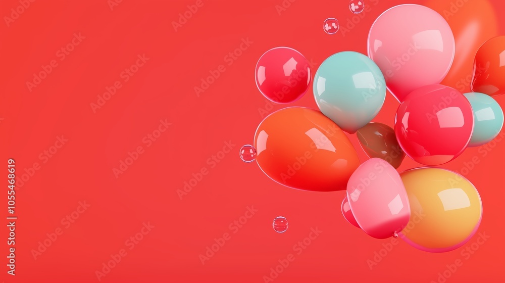 Poster colorful, glossy spheres cluster on a vibrant red background, creating a lively and playful composit