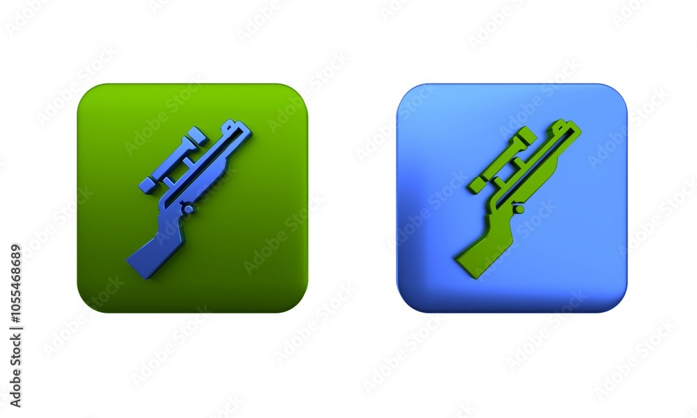Poster colorful sniper rifle with scope icon isolated on white background. square button. 3d render illustr