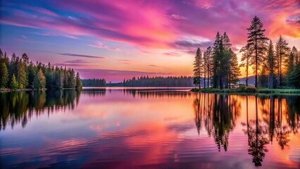 Obraz premium Pink sunset over a serene lake with tall trees in the background, landscape, sunset, nature