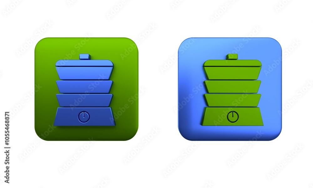 Poster colorful slow cooker icon isolated on white background. electric pan. square button. 3d render illus