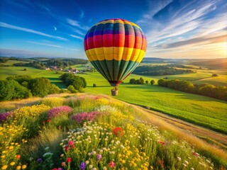 Naklejka premium Hot Air Balloon Adventure Over Lush Fields - Scenic Candid Photography Experience