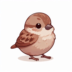 Obraz premium A cute cartoon sparrow with big eyes and fluffy feathers, standing on a white background