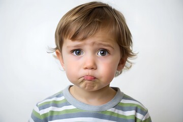 Fototapeta premium A photostock of a child with a pout on a white background, isolated and expressive.