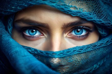 Naklejka premium An intense and captivating close-up of a person's bright blue eyes peering sharply through an intricate fabric, evoking an air of mystery and depth.