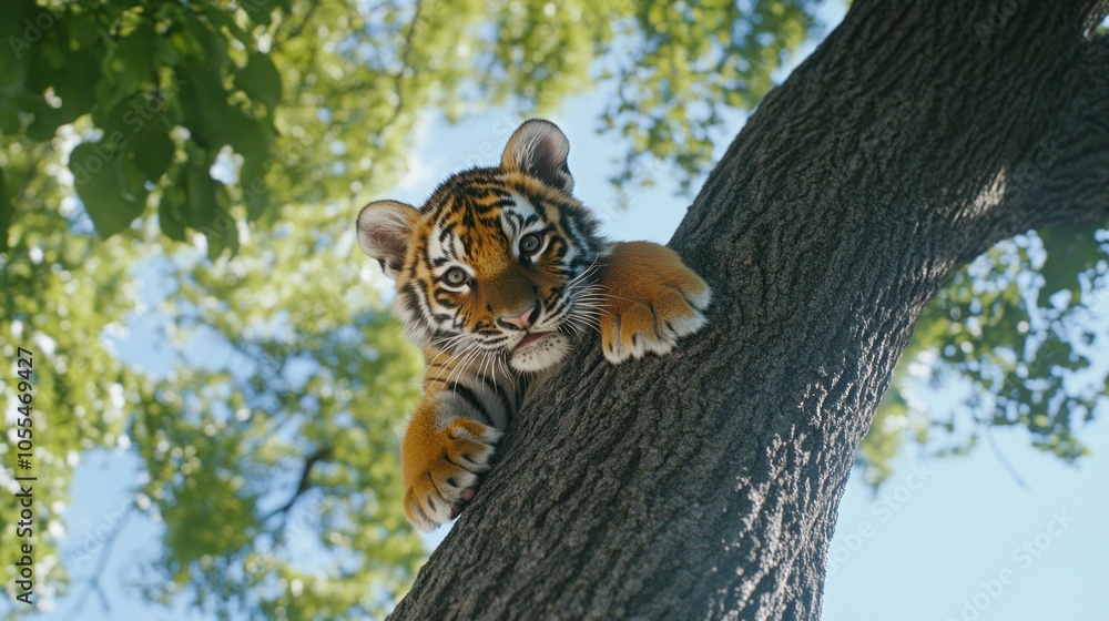 Poster a playful tiger cub hangs from a tree branch, looking down at the camera with a curious expression.