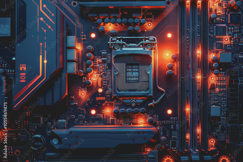 Poster computer motherboard with complex circuits and microchips focused on technology.