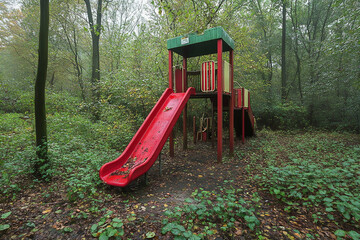 Abandoned Playground Overgrown With Vegetation in a Serene Forest Landscape During Autumn