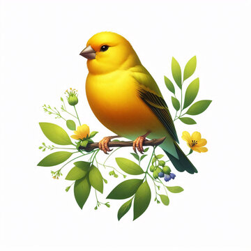 recommend clip art: A bright yellow canary perches on a branch surrounded by lush green leaves and delicate flowers
