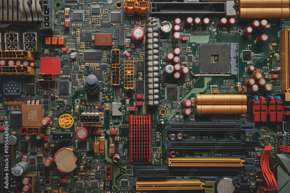 Poster computer motherboard with complex circuits and microchips focused on technology.