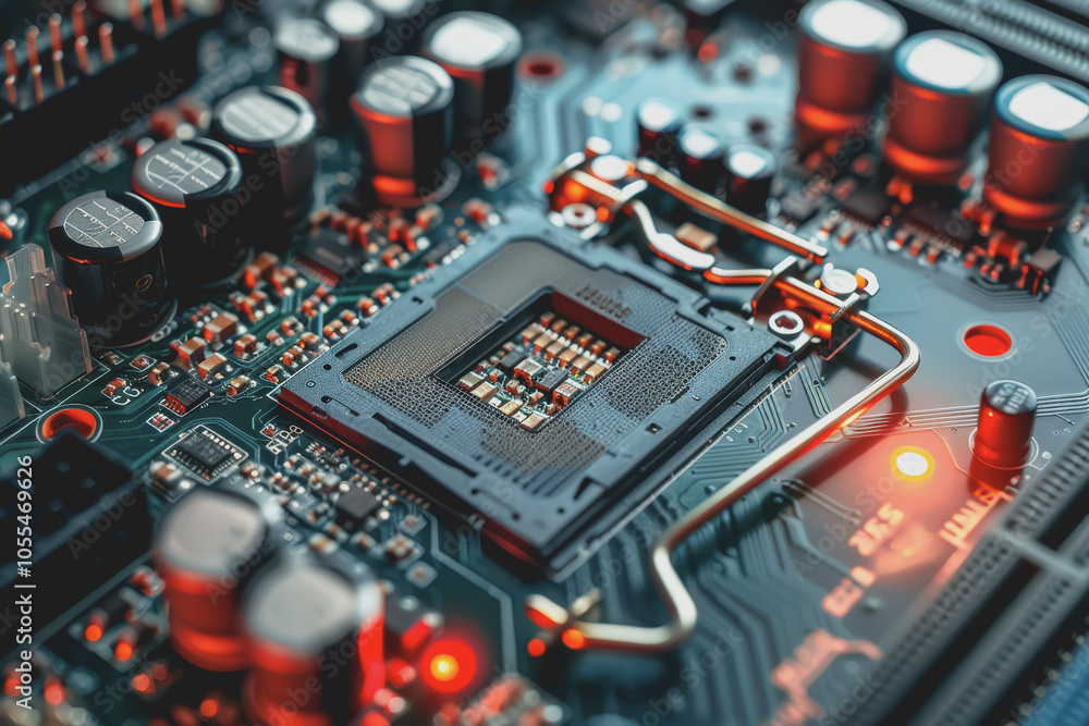 Aufkleber computer motherboard with complex circuits and microchips focused on technology.