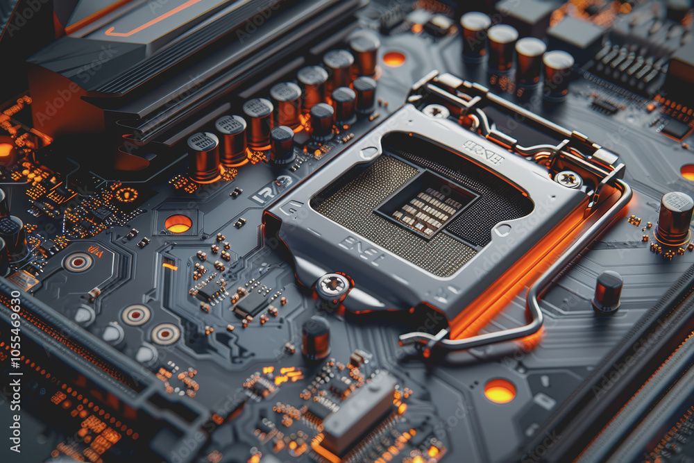 Aufkleber computer motherboard with complex circuits and microchips focused on technology.