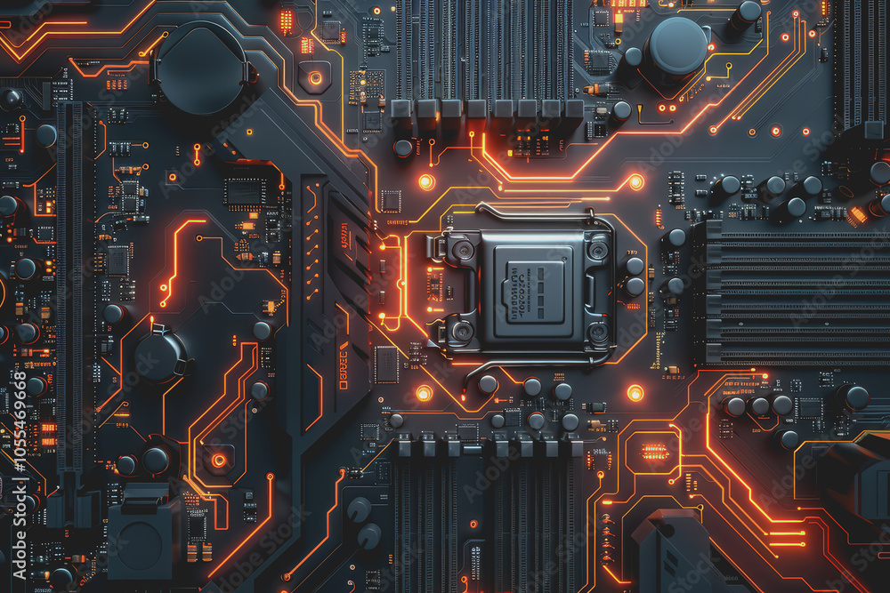 Poster computer motherboard with complex circuits and microchips focused on technology.