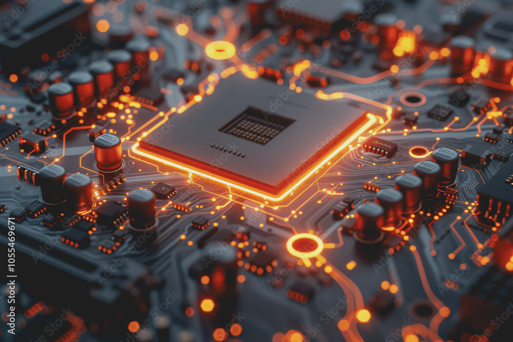 Poster computer motherboard with complex circuits and microchips focused on technology.