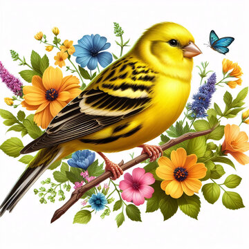 yellow bird perched colorful flowers