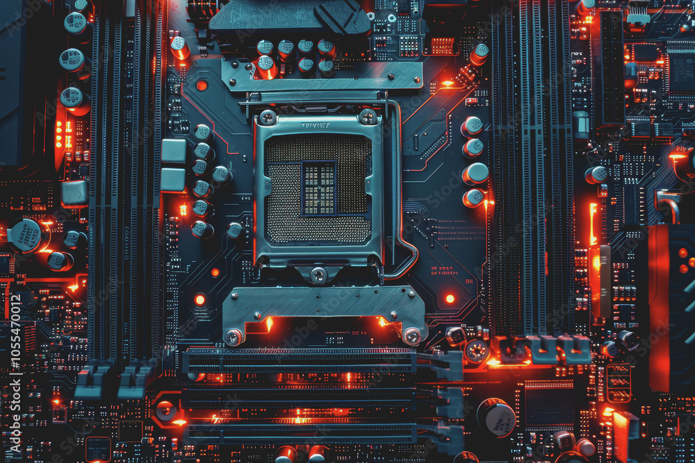 Aufkleber computer motherboard with complex circuits and microchips focused on technology.