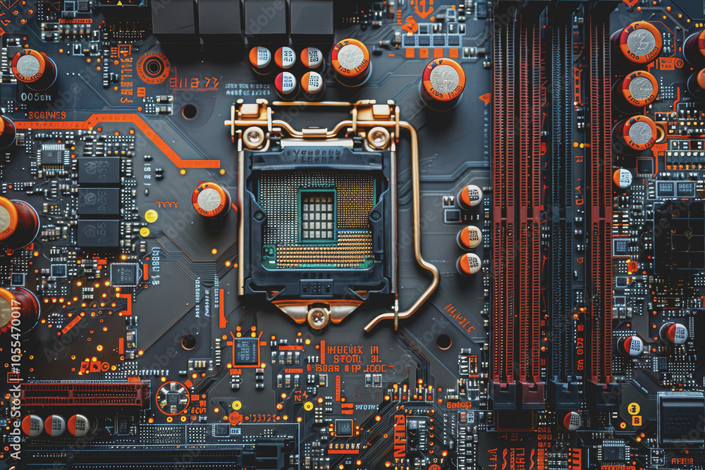 Poster computer motherboard with complex circuits and microchips focused on technology.