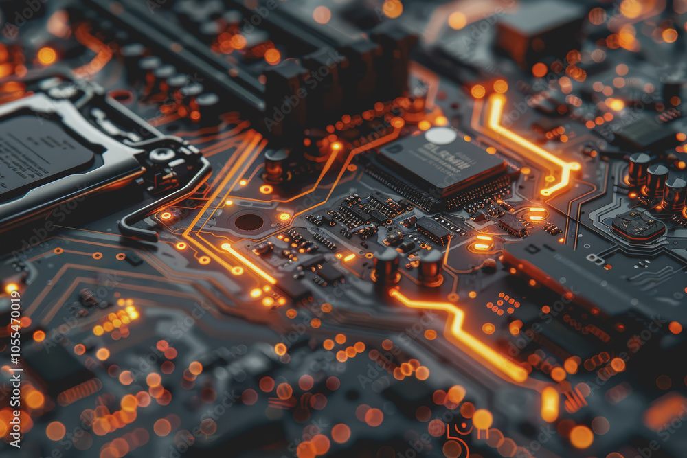 Poster computer motherboard with complex circuits and microchips focused on technology.