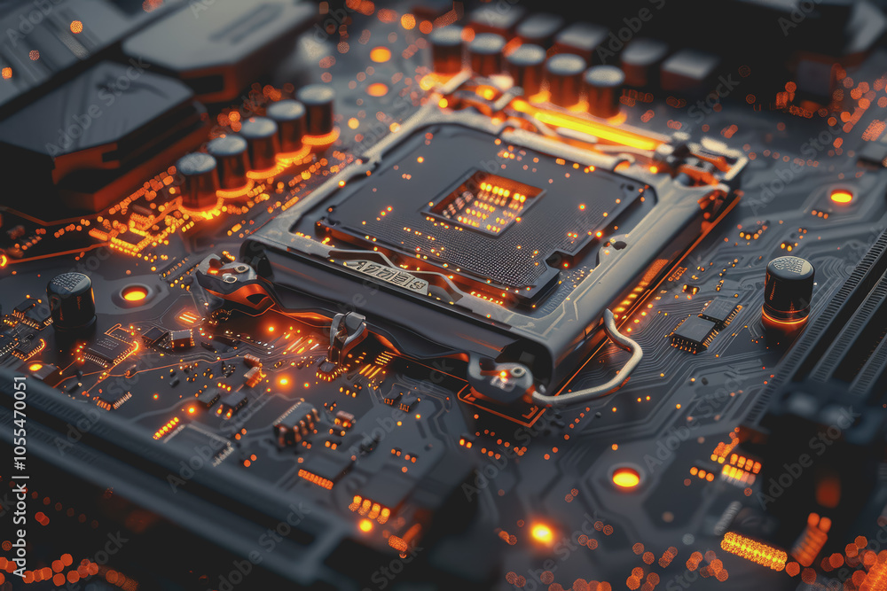 Poster computer motherboard with complex circuits and microchips focused on technology.