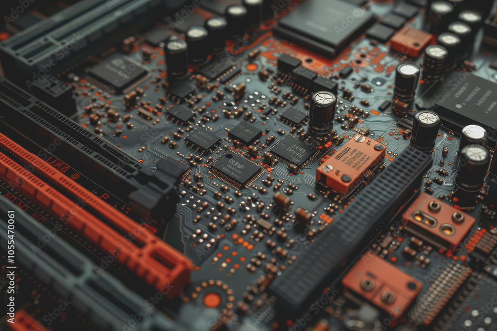 Poster computer motherboard with complex circuits and microchips focused on technology.