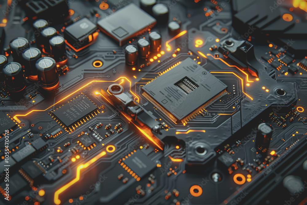 Poster computer motherboard with complex circuits and microchips focused on technology.