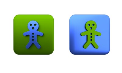 Colorful Holiday gingerbread man cookie icon isolated on white background. Cookie in shape of man with icing. Square button. 3D render illustration