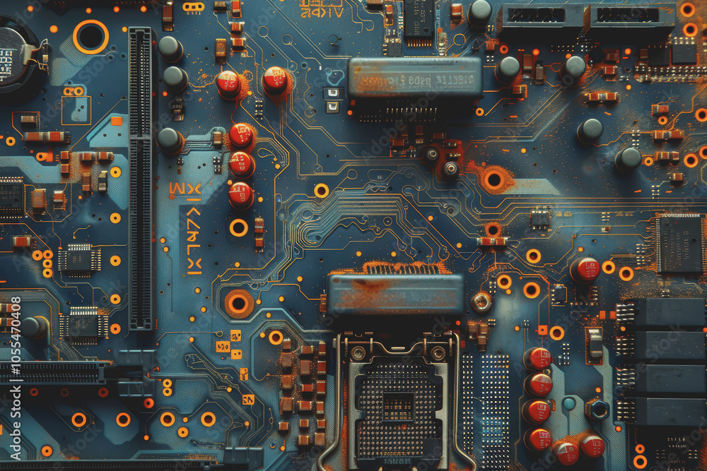 Poster computer motherboard with complex circuits and microchips focused on technology.