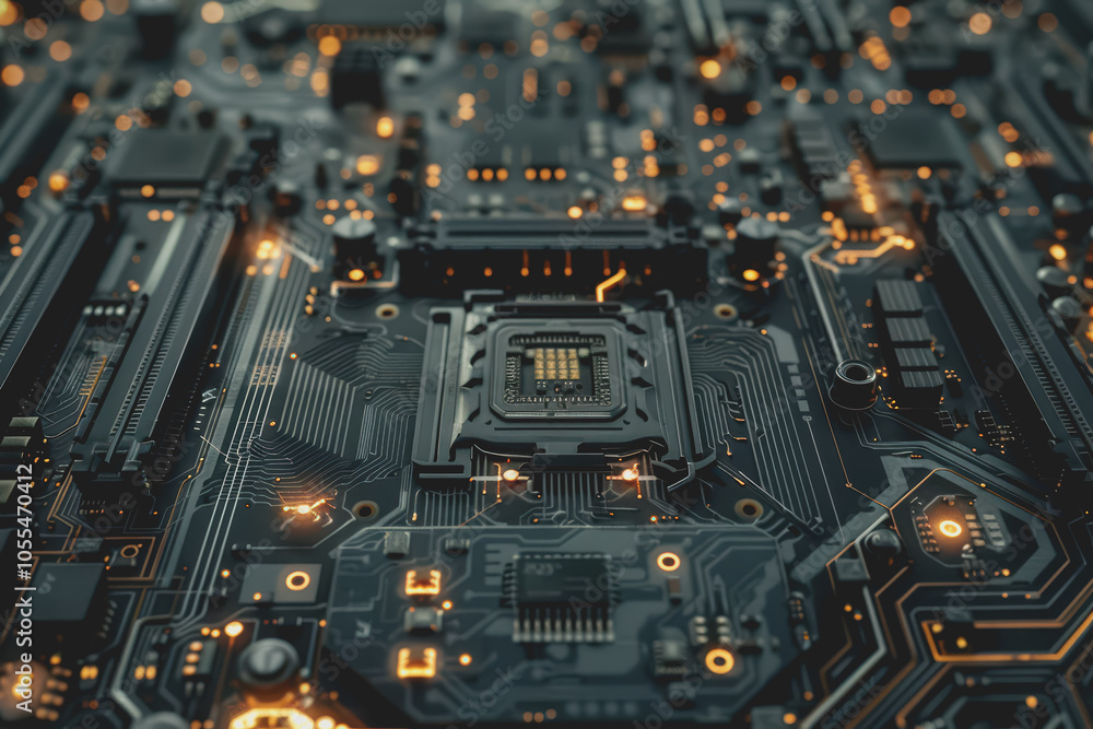 Poster computer motherboard with complex circuits and microchips focused on technology.