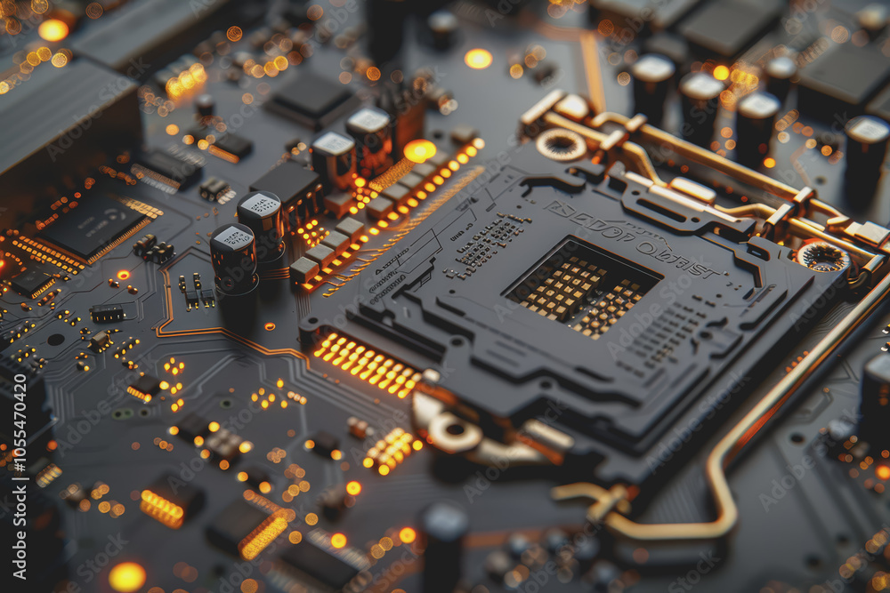 Poster computer motherboard with complex circuits and microchips focused on technology.